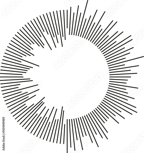 Circular shape with irregular rays half inside and half outside, leaving a medium-sized empty circle at the center.
