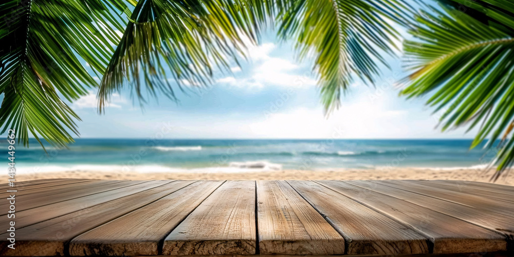 Empty background with wooden floor on beach with palm trees. banner for advertising product. Wooden tabletop in front. blurred background. empty bar counter