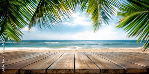 Obraz na płótnie Empty background with wooden floor on beach with palm trees. banner for advertising product. Wooden tabletop in front. blurred background. empty bar counter w salonie