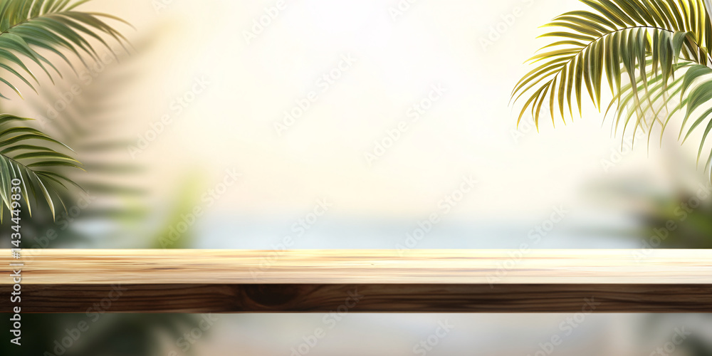 Empty background with wooden floor on beach with palm trees. banner for advertising product. Wooden tabletop in front. blurred background. empty bar counter