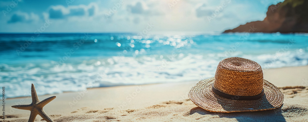 Straw hat lies on the coast of a beautiful sea or ocean. empty space on the side. clean sand. blurred background. Blank mockup for advertising or packaging
