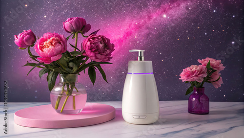 Fototapeta Naklejka Na Ścianę i Meble -  Stylized cosmic floral setup: pink glow base, white dispenser, animated peonies in electric purple vase.