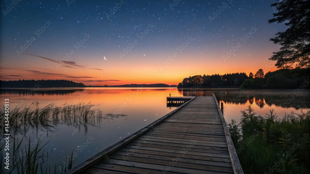Fototapeta premium Sunset lake view from a wooden dock with stars appearing