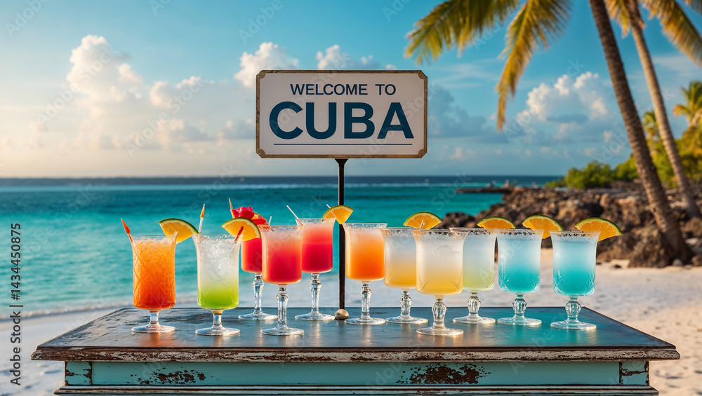 lots of cocktails on the table against the backdrop of a stunning seascape, the inscription Welcome to Cuba