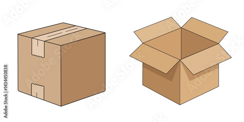 Closed and open cardboard boxes- Isometric vector illustration of packaging for delivery, Storage, and moving - Brown carton design