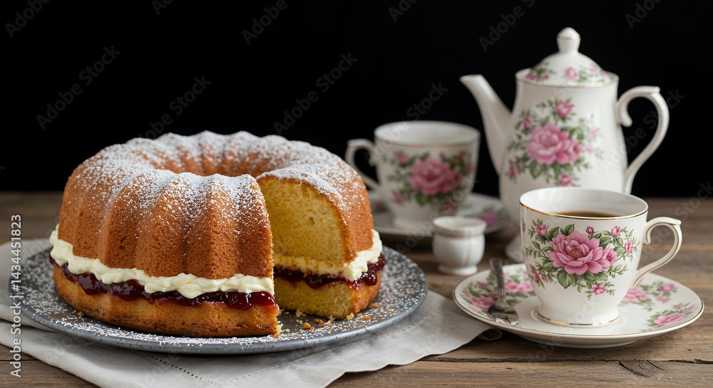 Delicious bundt cake with tea set elegant dessert image Delicious bundt cake with tea set elegant dessert image