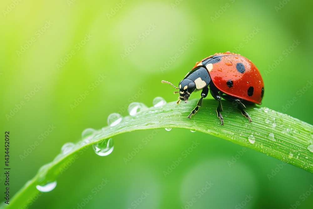 Fototapeta premium Ladybug perched on vibrant green grass blade in nature