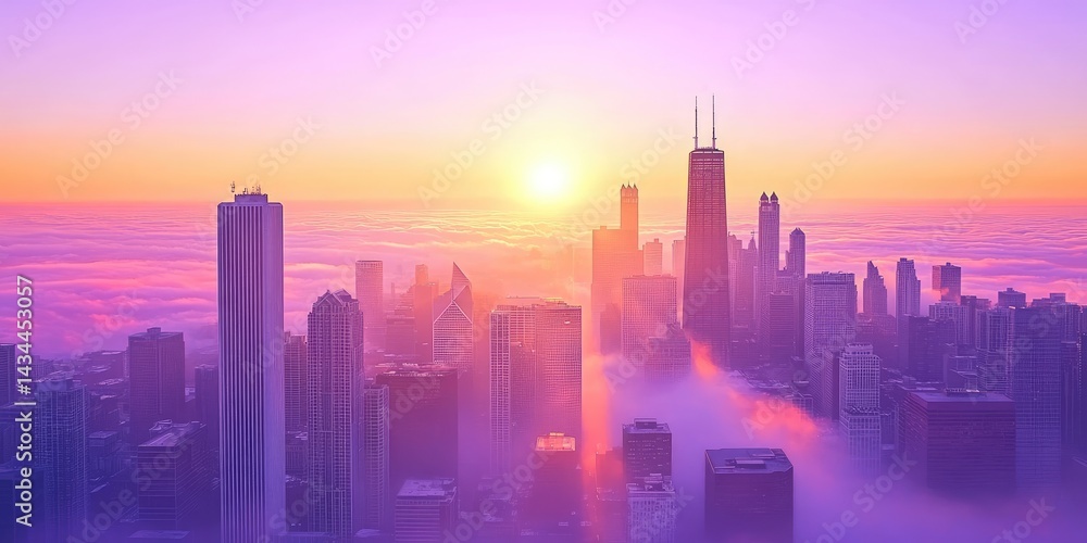 Fototapeta premium Breathtaking aerial view of Chicago's skyline at sunrise, bathed in a magical purple and pink mist.
