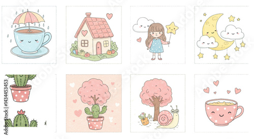 Cute happy friendly floating interacting simple pictures transparent background