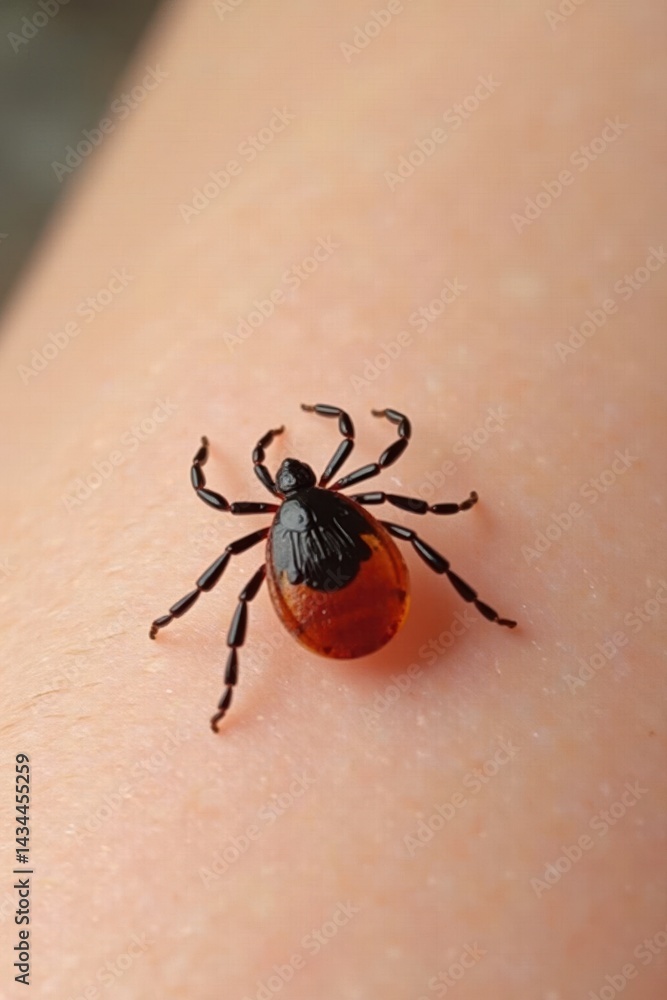 A close-up of a tick attached to human skin, showing its body and legs clearly. The background is soft, blurred skin with natural light A close-up of a tick attached to human skin, showing its body and legs clearly. The background is soft, blurred skin with natural light