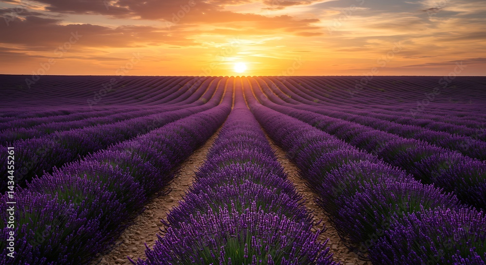 Naklejka premium Lavender Field at Sunset Rows of Purple Flowers Under Warm Sky