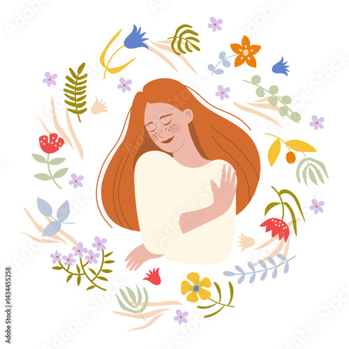 Colorful illustration of a woman hugging herself in front of flowers, symbolizing self-love and acceptance. Hand-drawn vector in flat style.