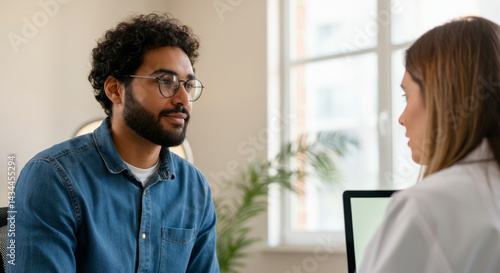 Young caucasian female doctor consulting young african male patient in office setting