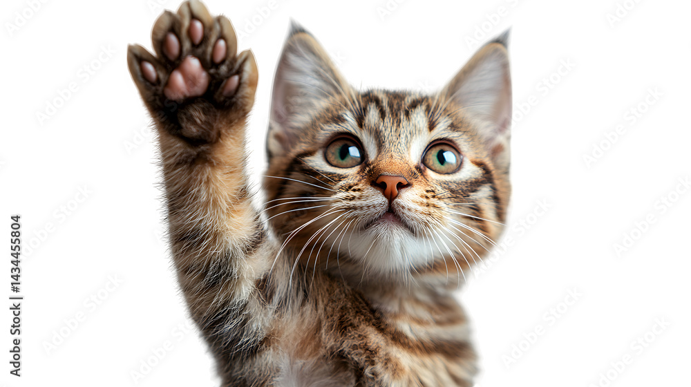 Friendly cat giving high five with raised paw, playful interaction isolated on white background Friendly cat giving high five with raised paw, playful interaction isolated on white background