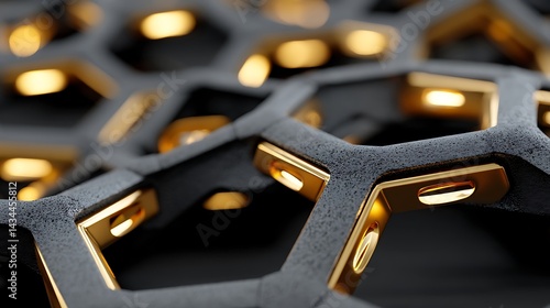 A textured, interconnected, hexagonal structure. Parts have a gilded sheen.