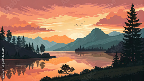 Vibrant sunset behind mountains over still lake – nature vector art