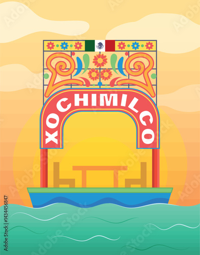 Ilustración trajinera de Xochimilco en México	