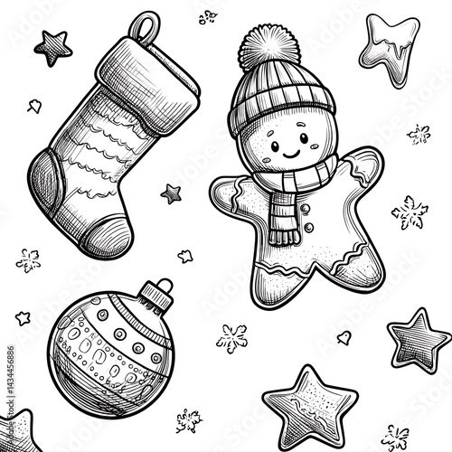 Holiday Sketch Pattern Gingerbread Man with Stocking and Stars on White Background