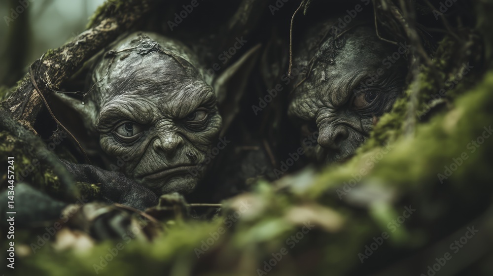 A close-up of two small, dark, goblins nestled in a mossy, green environment. Creatures partially hidden among the foliage, giving them a mysterious and otherworldly look. A close-up of two small, dark, goblins nestled in a mossy, green environment. Creatures partially hidden among the foliage, giving them a mysterious and otherworldly look.
