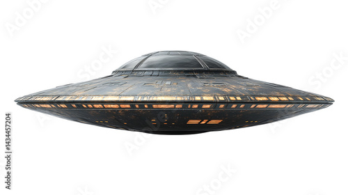 Futuristic flying saucer with metallic finish, isolated on white background