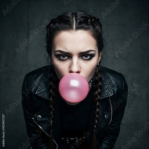 a cool rebel gothic girl having a pink chewing gum bubble as a sigh of teen rebel style