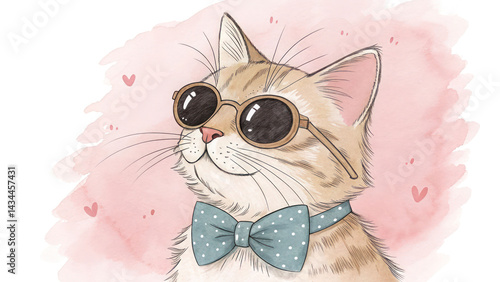Watercolor-style cat illustration in aviator shades and bow tie, soft brushstroke pink background.