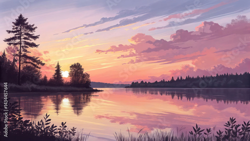 Watercolor-style sunset over lake with soft gradients