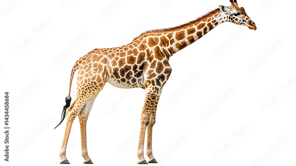Naklejka premium Giraffe standing with long neck extended, isolated on white background