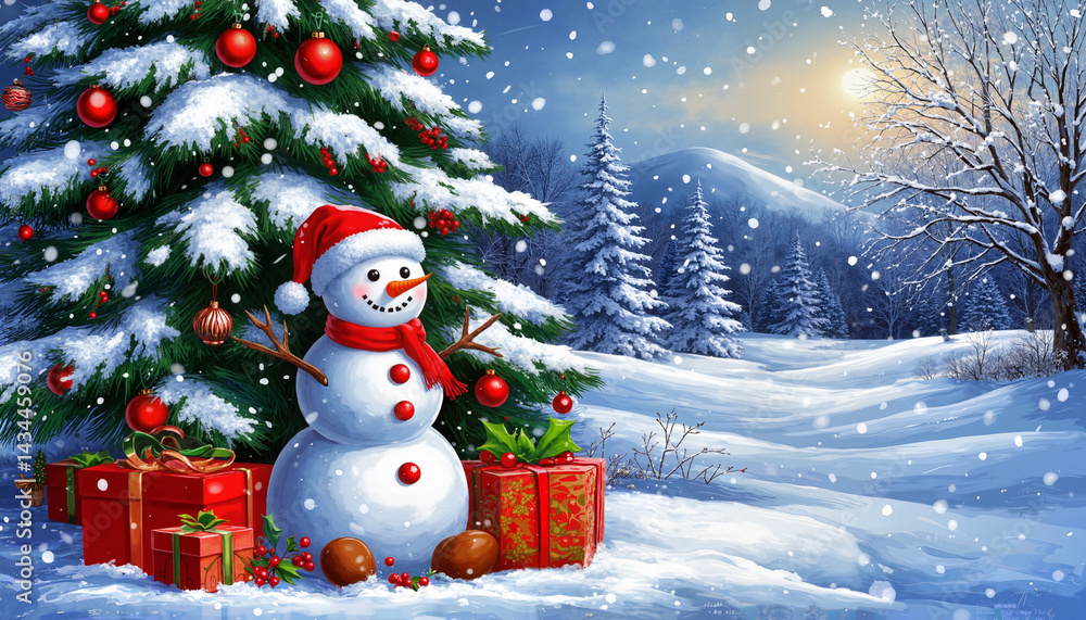 Obraz premium Christmas snowman with gifts beside a decorated tree in winter 