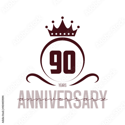 90 Year Anniversary celebration template design, with shiny ring and gold ribbon, laurel wreath isolated on black background, logo vector