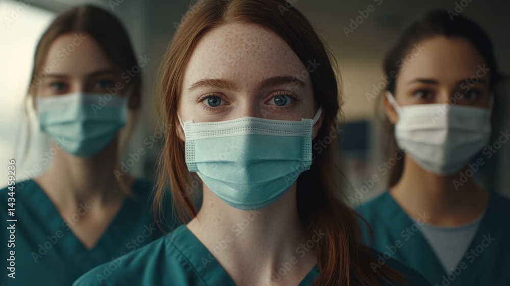 Group of Female Healthcare Workers Wearing Masks in a Hospital Setting Group of Female Healthcare Workers Wearing Masks in a Hospital Setting