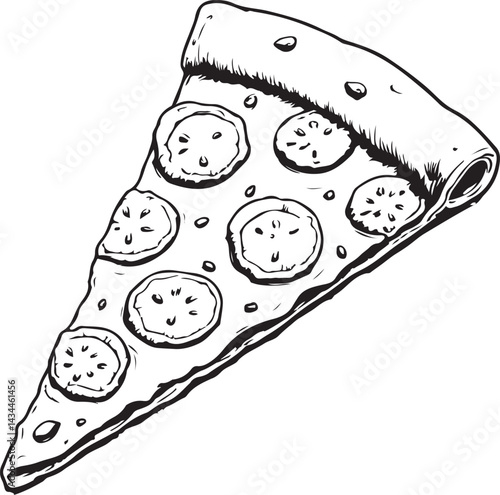 Slice of Pepperoni Pizza Italian Black and White Vector Illustration, Sketch Drawing Line Linear Symbol Icon Engraving, Hand-drawn Isolated
