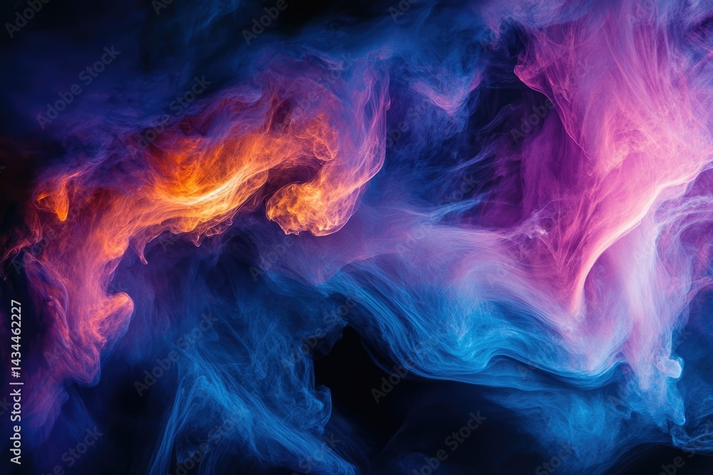 Fototapeta premium Abstract art depicting swirling clouds of vibrant orange, blue, and purple hues on a transparent background.
