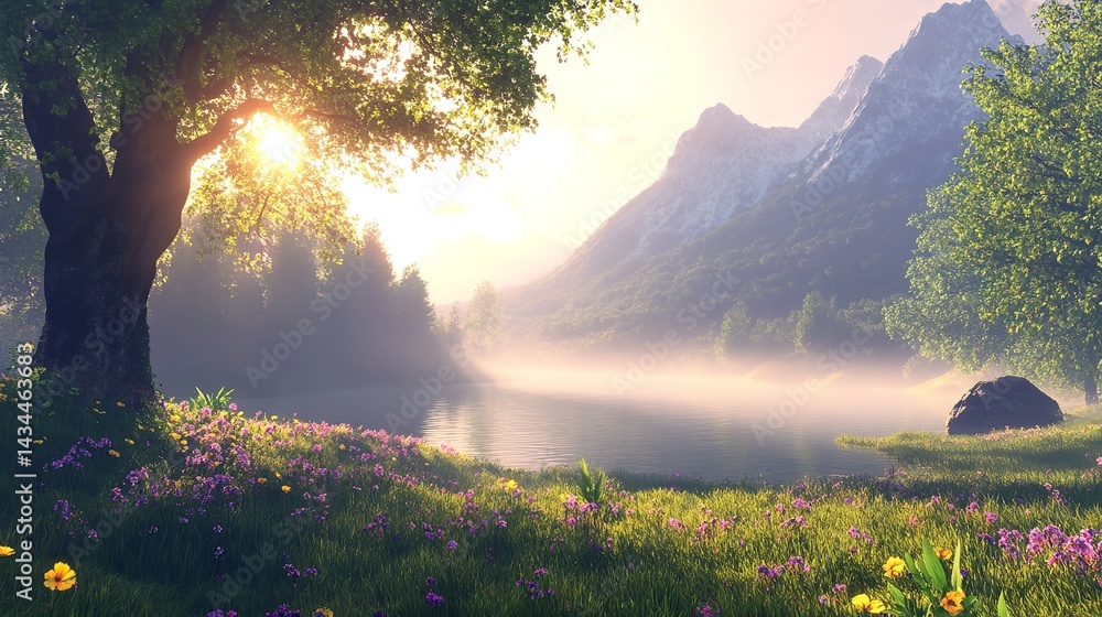 Obraz premium Serene Sunrise Landscape Peaceful Misty Mountain Lake Tranquil Nature Scene Beautiful Spring Flowers Vibrant Green Grass Scenic View Idyllic Calm 