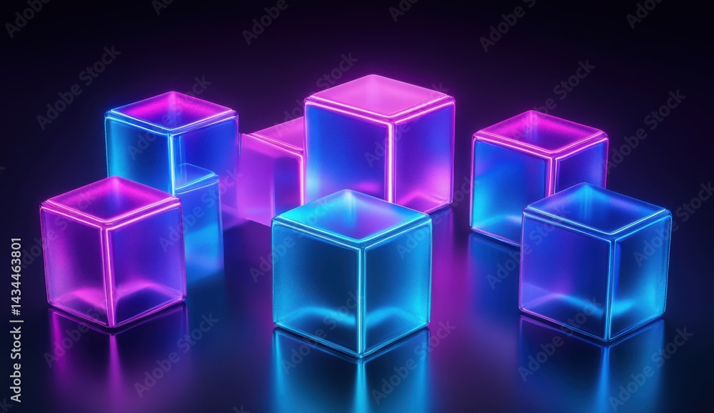 A group of glowing cubes in blue and pink on a dark background, casting reflections A group of glowing cubes in blue and pink on a dark background, casting reflections
