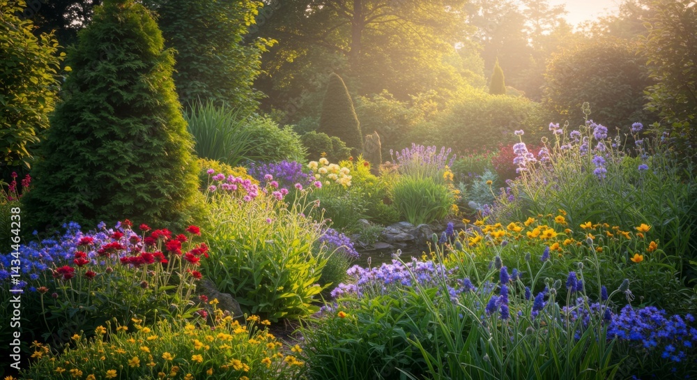 Obraz premium Sunlit Garden with Vibrant Flowers and Lush Greenery