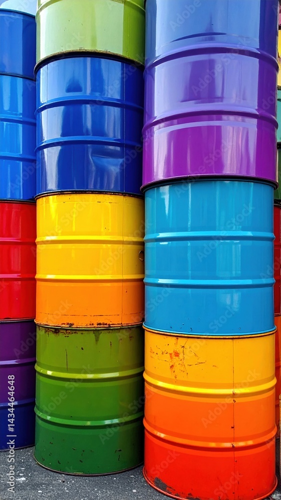 Colorful stacked metal drums in vibrant rainbow hues outdoors Colorful stacked metal drums in vibrant rainbow hues outdoors