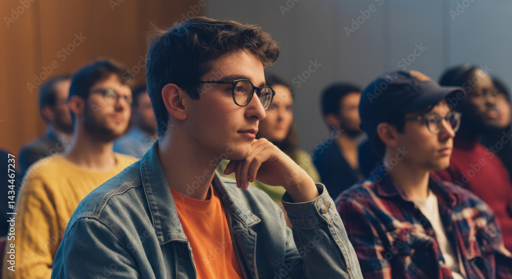 Young caucasian adult male in university lecture hall among attentive students Young caucasian adult male in university lecture hall among attentive students