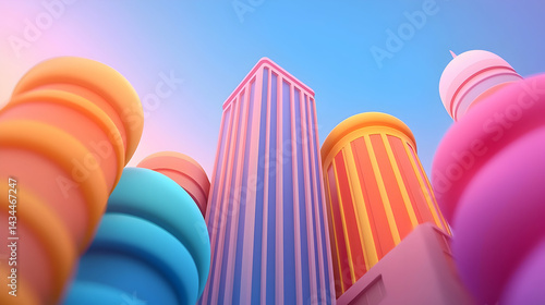 Pastel Cityscape at Sunset: Low Angle View of Colorful Skyscrapers