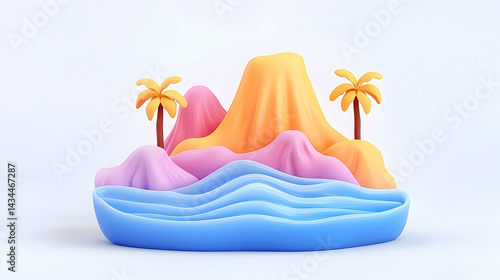 Pastel Colored Cartoon Island Landscape with Palm Trees
