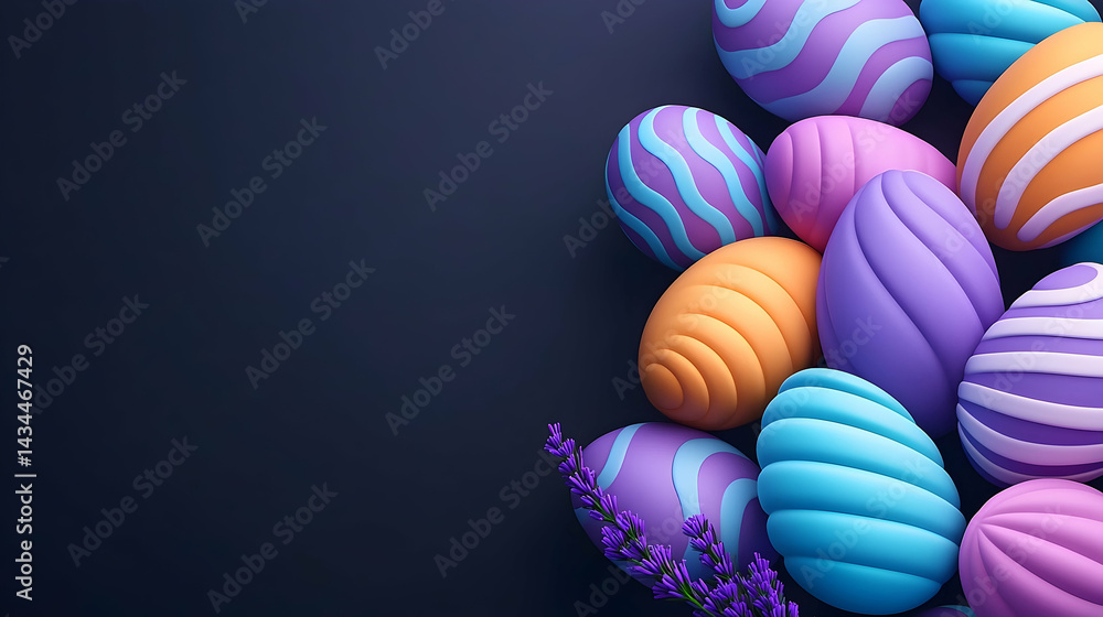 Fototapeta premium Pastel Easter Eggs and Lavender on Dark Background