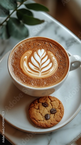 Delicious Latte Art With a Chocolate Chip Cookie on a Marble Table