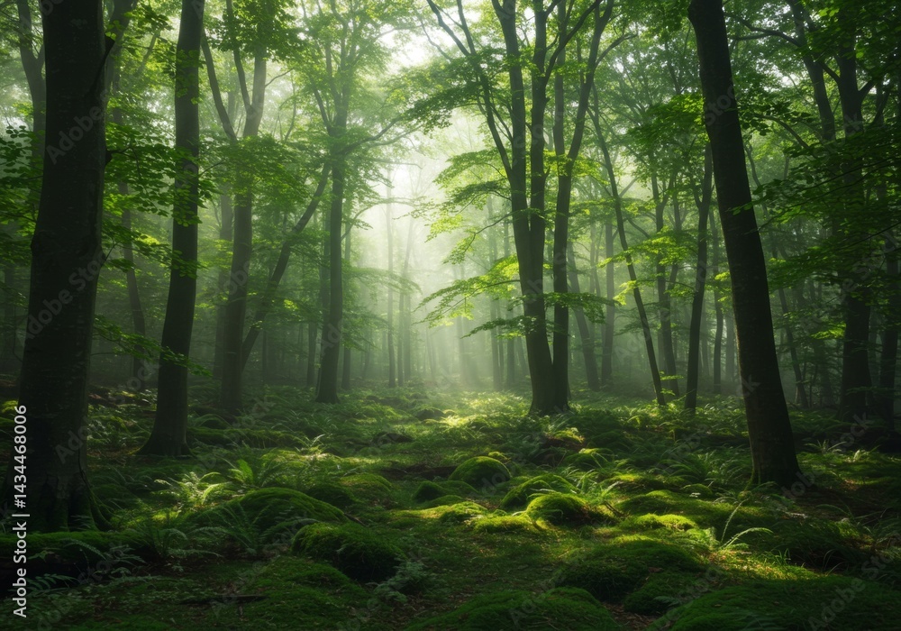 Obraz premium Sunlit Path Through a Misty Green Forest