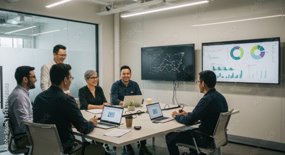 Business meeting with people around a table with laptops and screens. Business meeting with people around a table with laptops and screens.