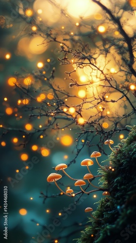 Fabulous Mushrooms Glow Softly Under Evening Light in the Forest