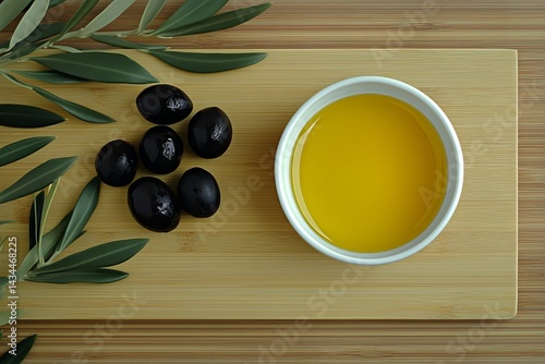 Fresh Olive Oil and Black Olives on a Wooden Board With Olive Leaves Displayed