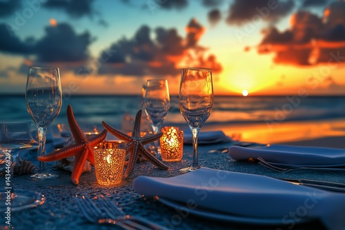 Romantic Beach Dinner Setting With Sunset and Starfish by the Shore