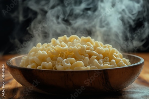 Steaming Bowl of Freshly Cooked Pasta With Swirling Steam Rising in a Warm Ki...