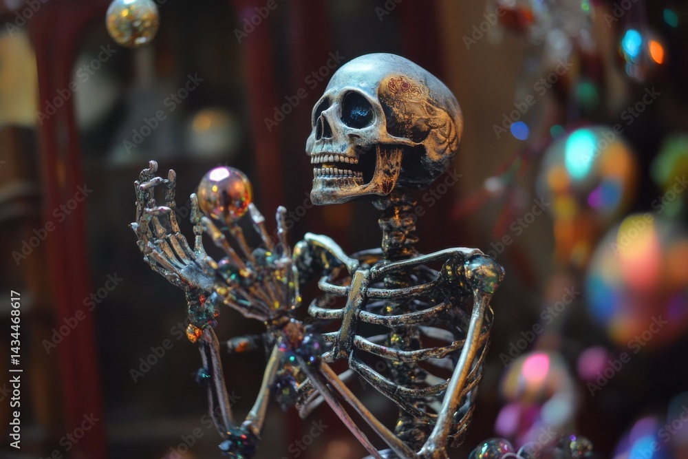 Whimsical Skeleton Holding Bubbles