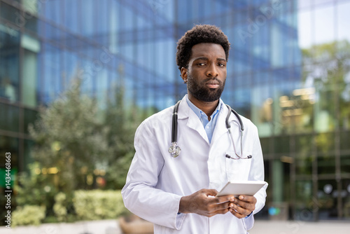 Portrait of a young confident and serious doctor. A man with a tablet computer in his hands and in a white medical coat looks focused at the camera while walking outside the clinic office.